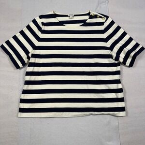 J.Crew Womens XL Navy Blue Ivory Striped Cotton Knit Top Gold Shoulder Buttons